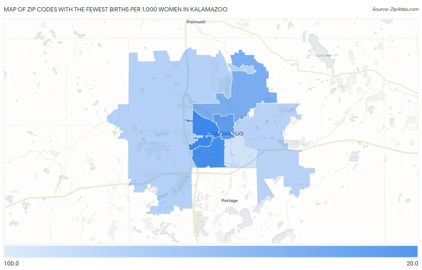 Zip Codes with the Fewest Births per 1,000 Women in Kalamazoo Map