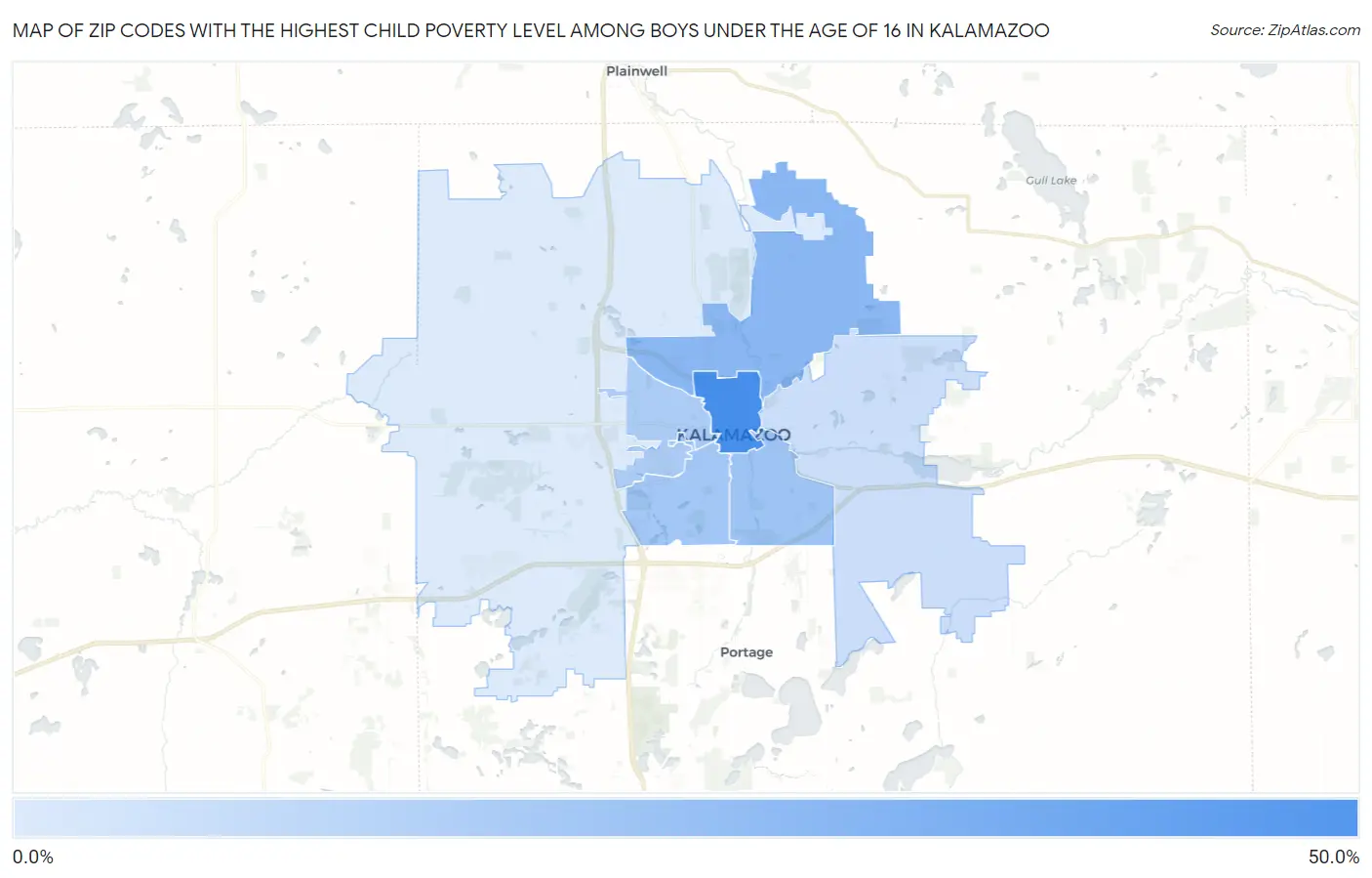 Zip Codes with the Highest Child Poverty Level Among Boys Under the Age of 16 in Kalamazoo Map