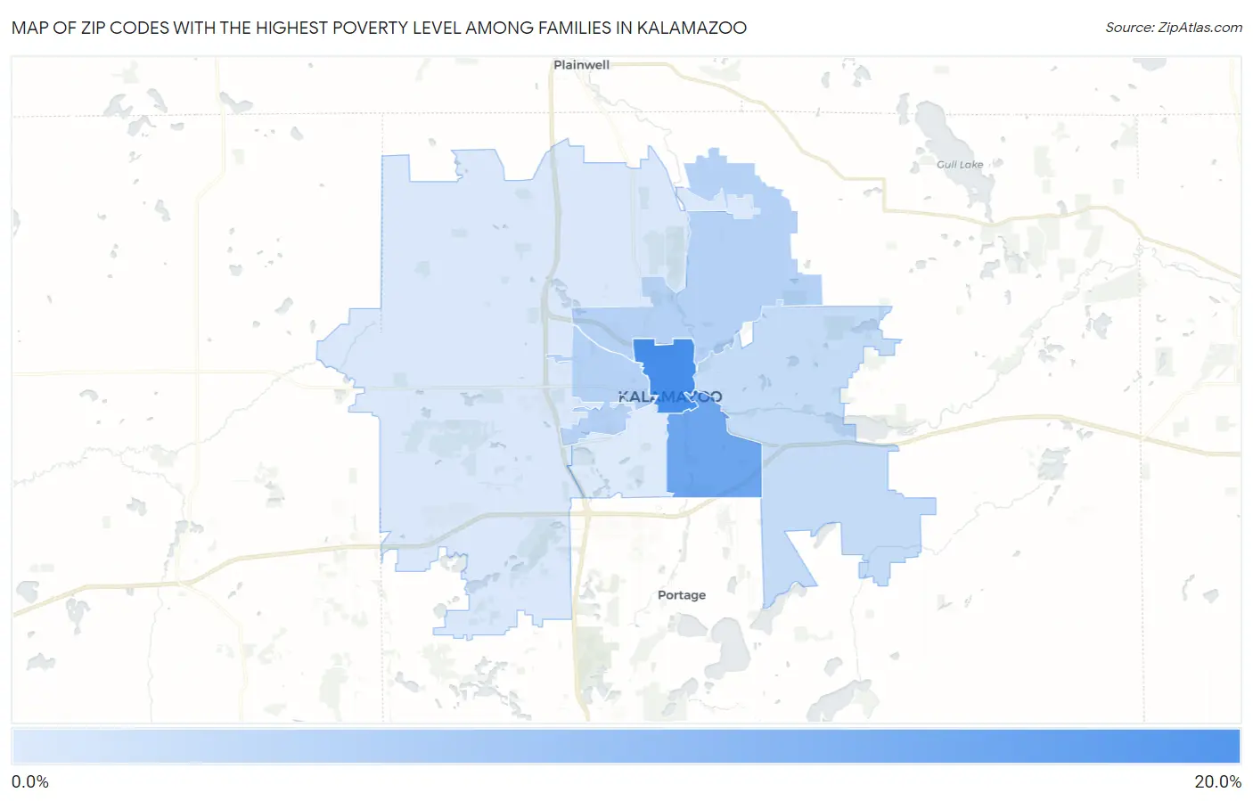Zip Codes with the Highest Poverty Level Among Families in Kalamazoo Map
