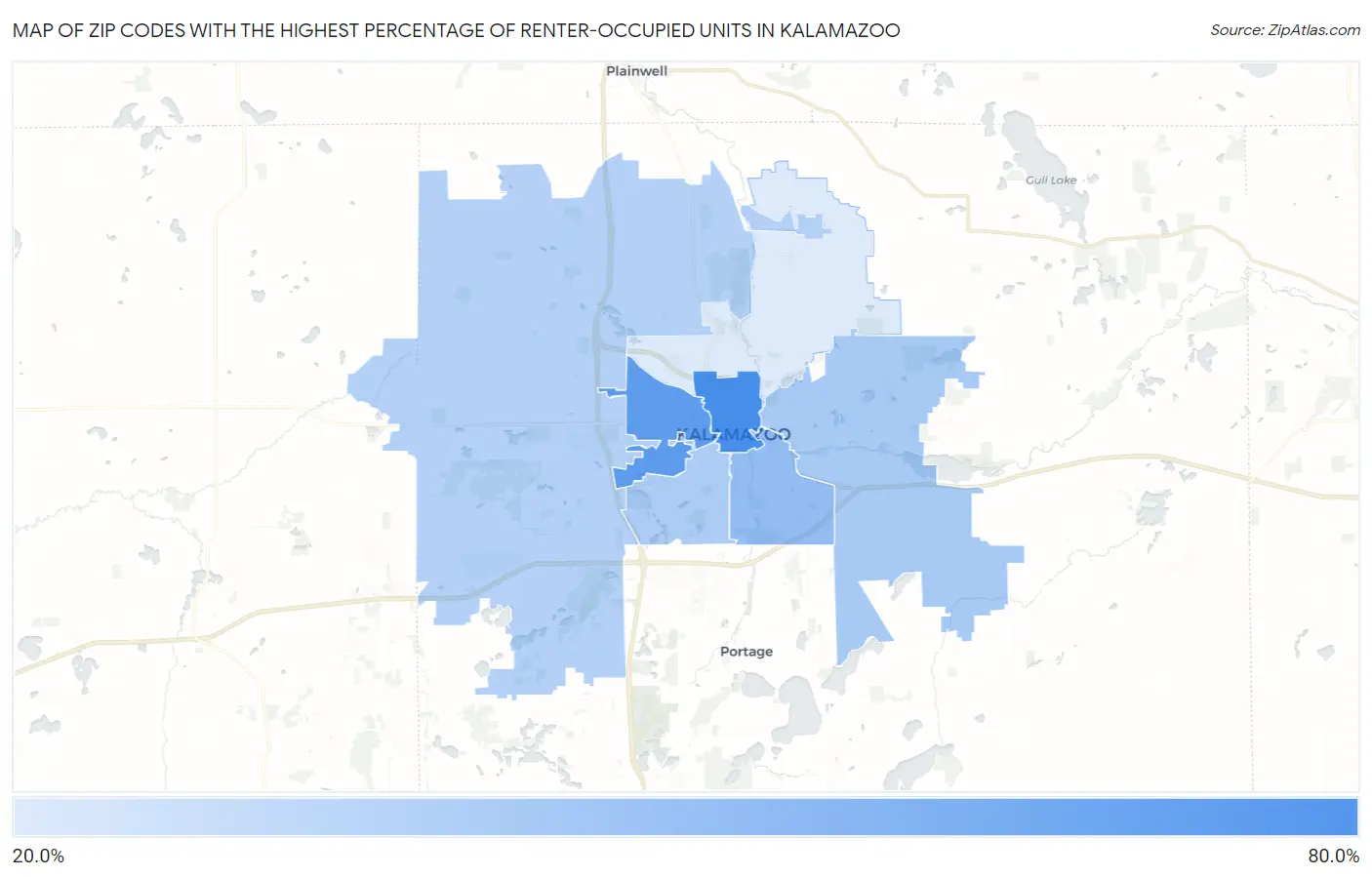 Zip Codes with the Highest Percentage of Renter-Occupied Units in Kalamazoo Map