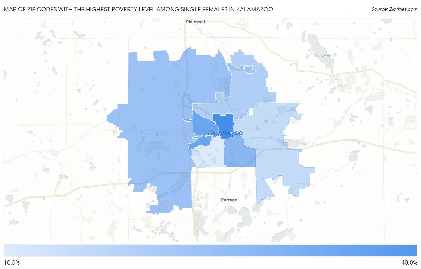 Zip Codes with the Highest Poverty Level Among Single Females in Kalamazoo Map