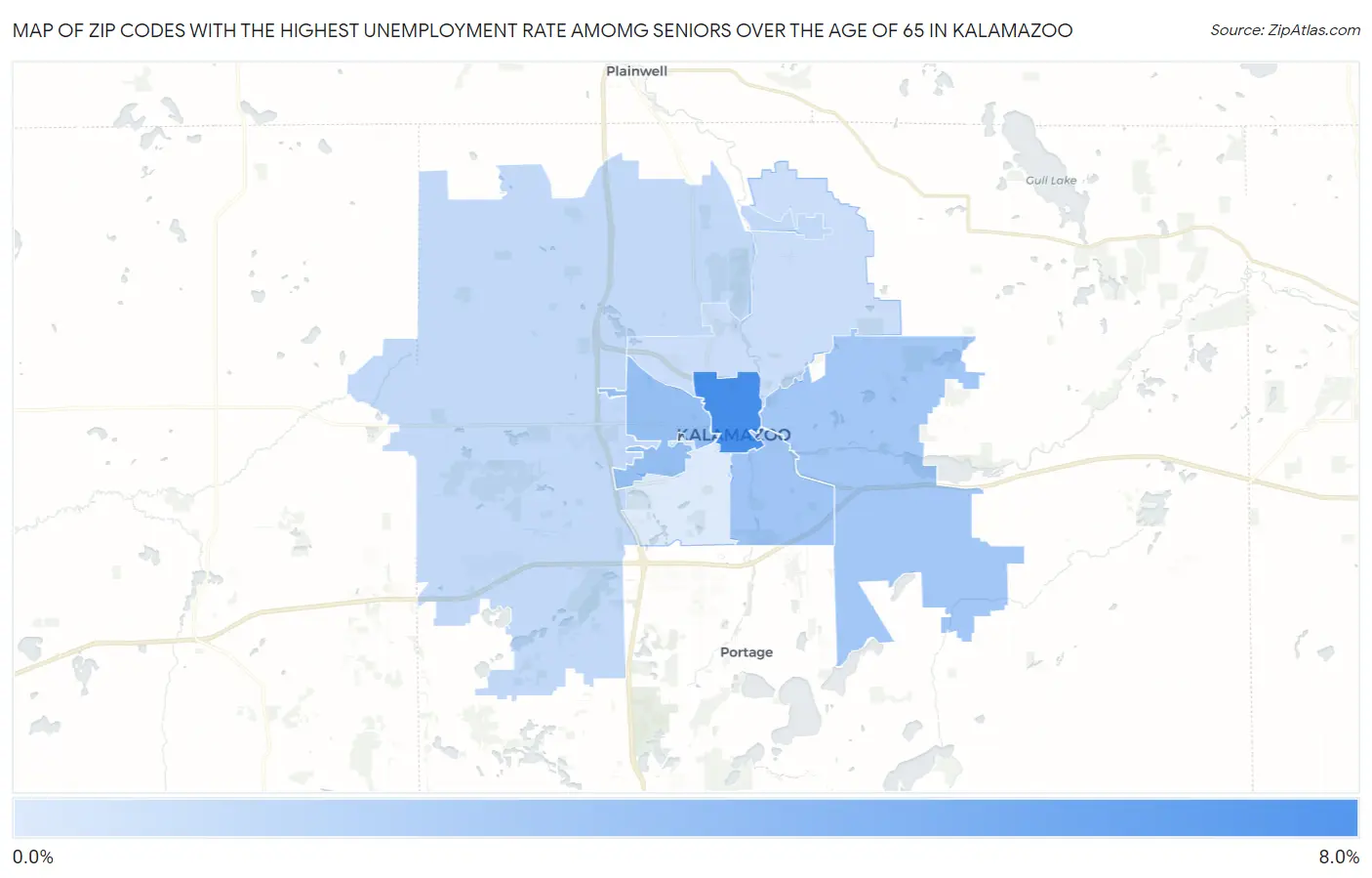 Zip Codes with the Highest Unemployment Rate Amomg Seniors Over the Age of 65 in Kalamazoo Map