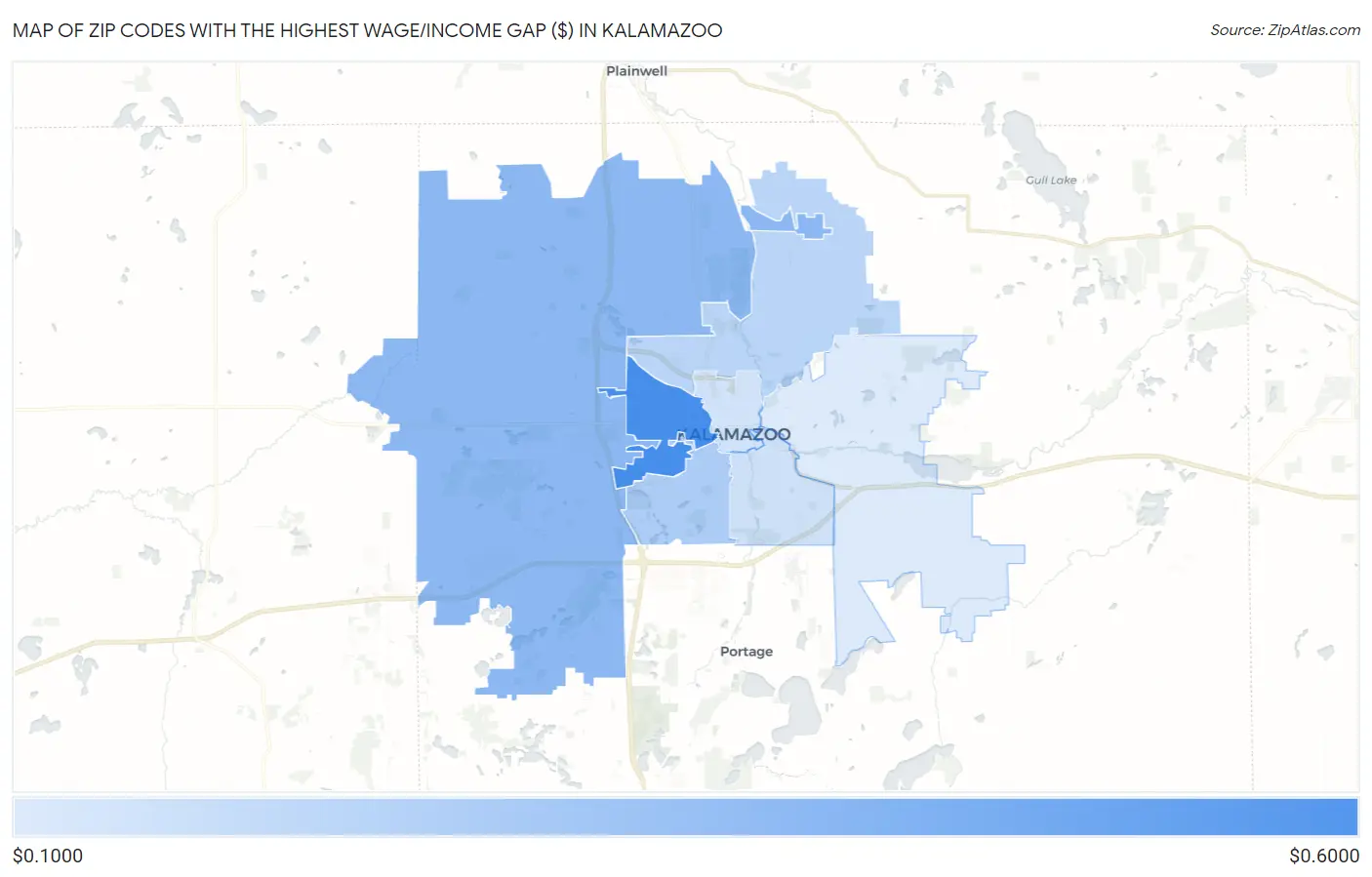Zip Codes with the Highest Wage/Income Gap ($) in Kalamazoo Map