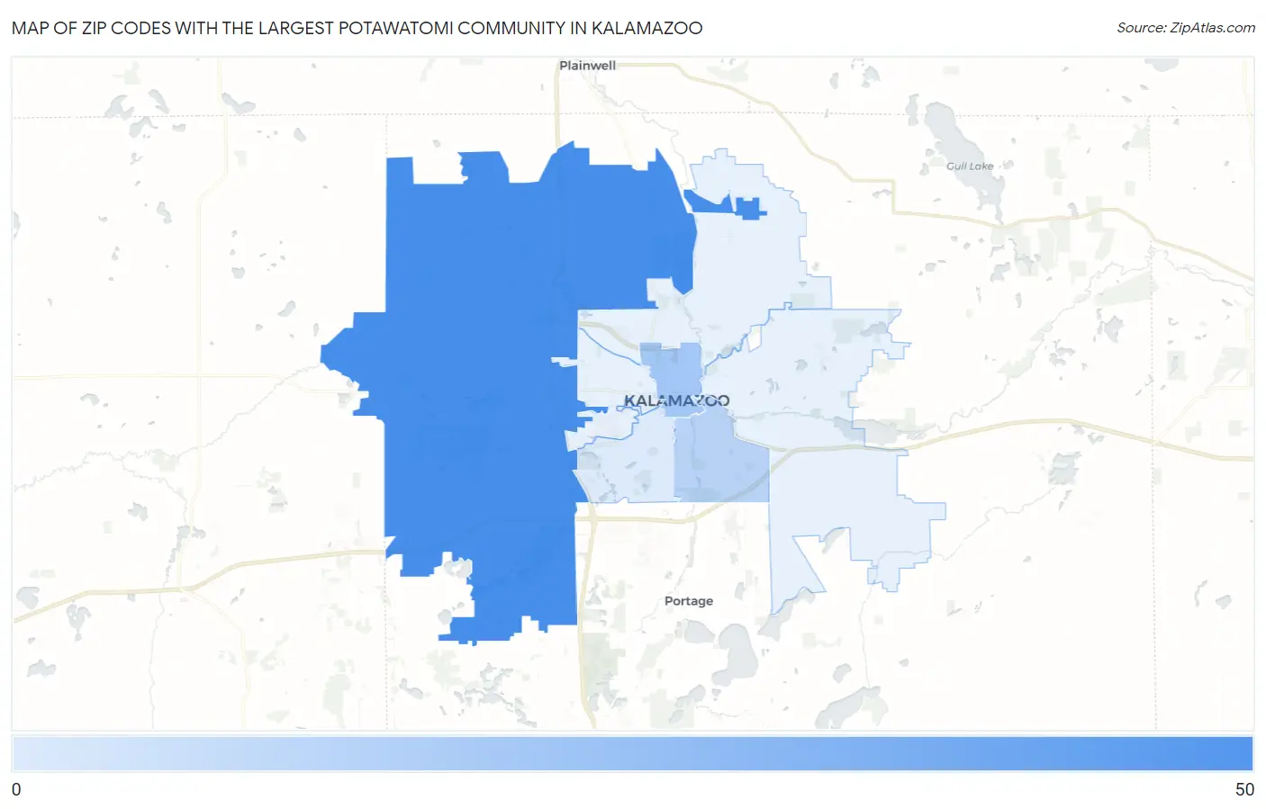 Zip Codes with the Largest Potawatomi Community in Kalamazoo Map