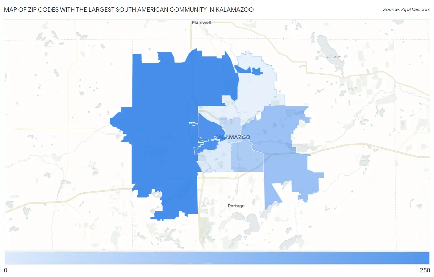 Zip Codes with the Largest South American Community in Kalamazoo Map