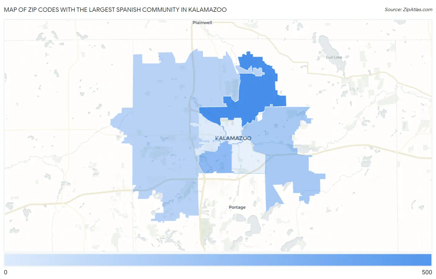 Zip Codes with the Largest Spanish Community in Kalamazoo Map