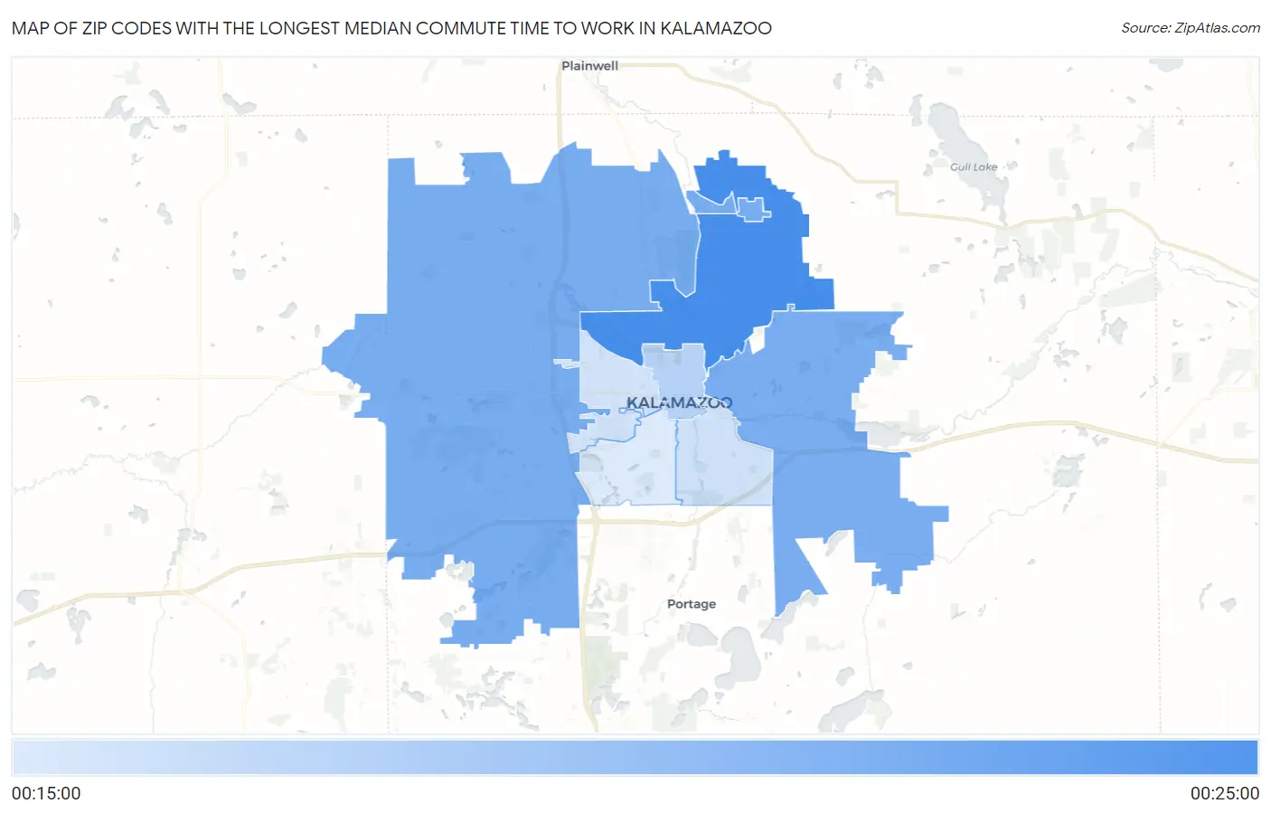 Zip Codes with the Longest Median Commute Time to Work in Kalamazoo Map