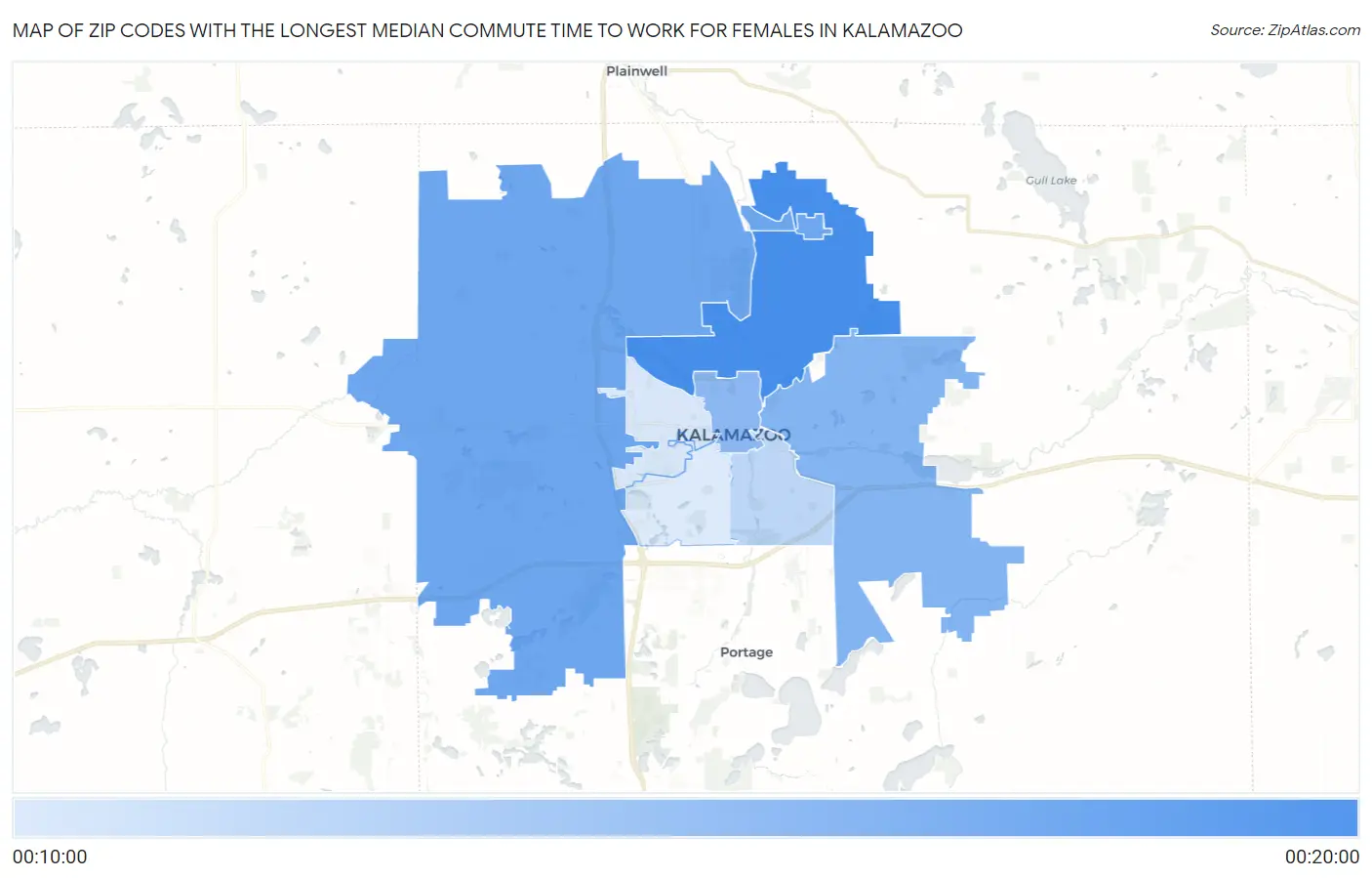 Zip Codes with the Longest Median Commute Time to Work for Females in Kalamazoo Map
