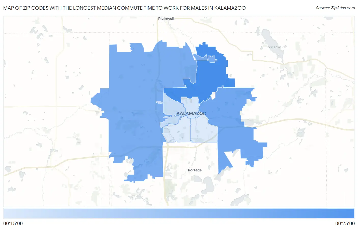 Zip Codes with the Longest Median Commute Time to Work for Males in Kalamazoo Map
