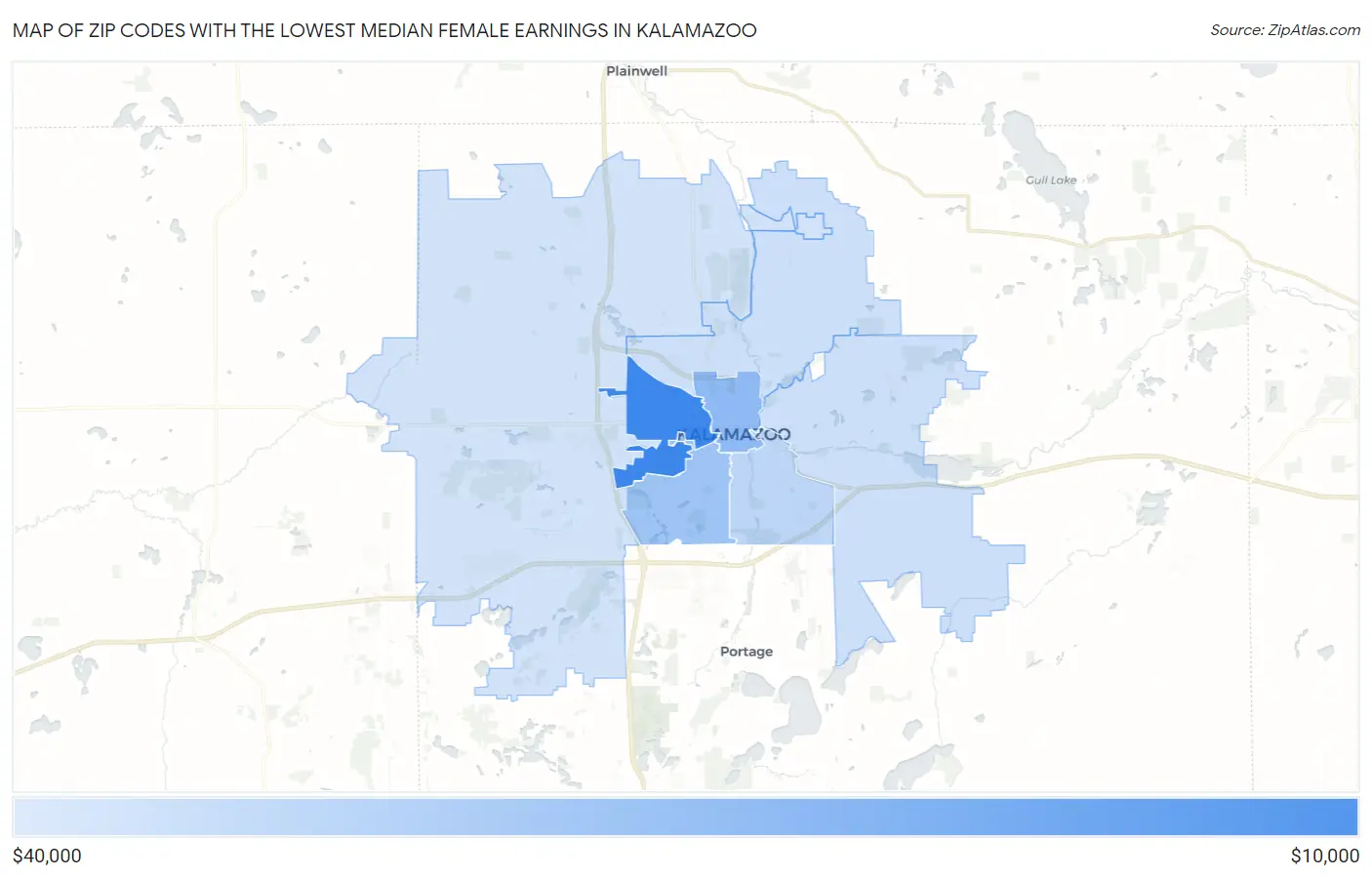 Zip Codes with the Lowest Median Female Earnings in Kalamazoo Map