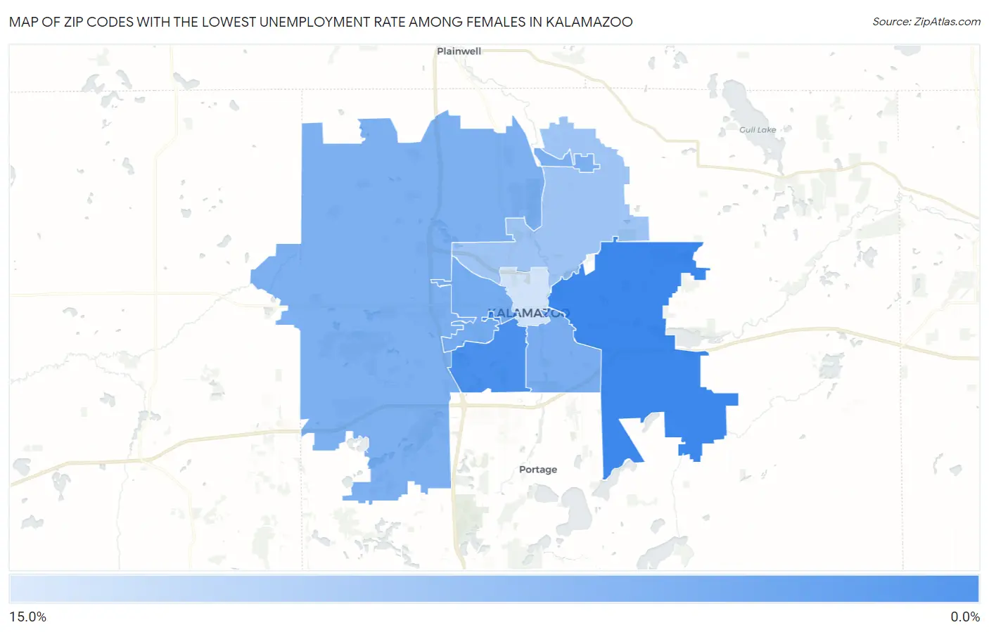 Zip Codes with the Lowest Unemployment Rate Among Females in Kalamazoo Map