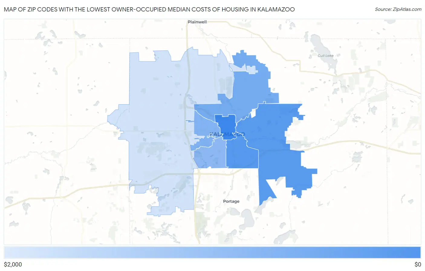 Zip Codes with the Lowest Owner-Occupied Median Costs of Housing in Kalamazoo Map