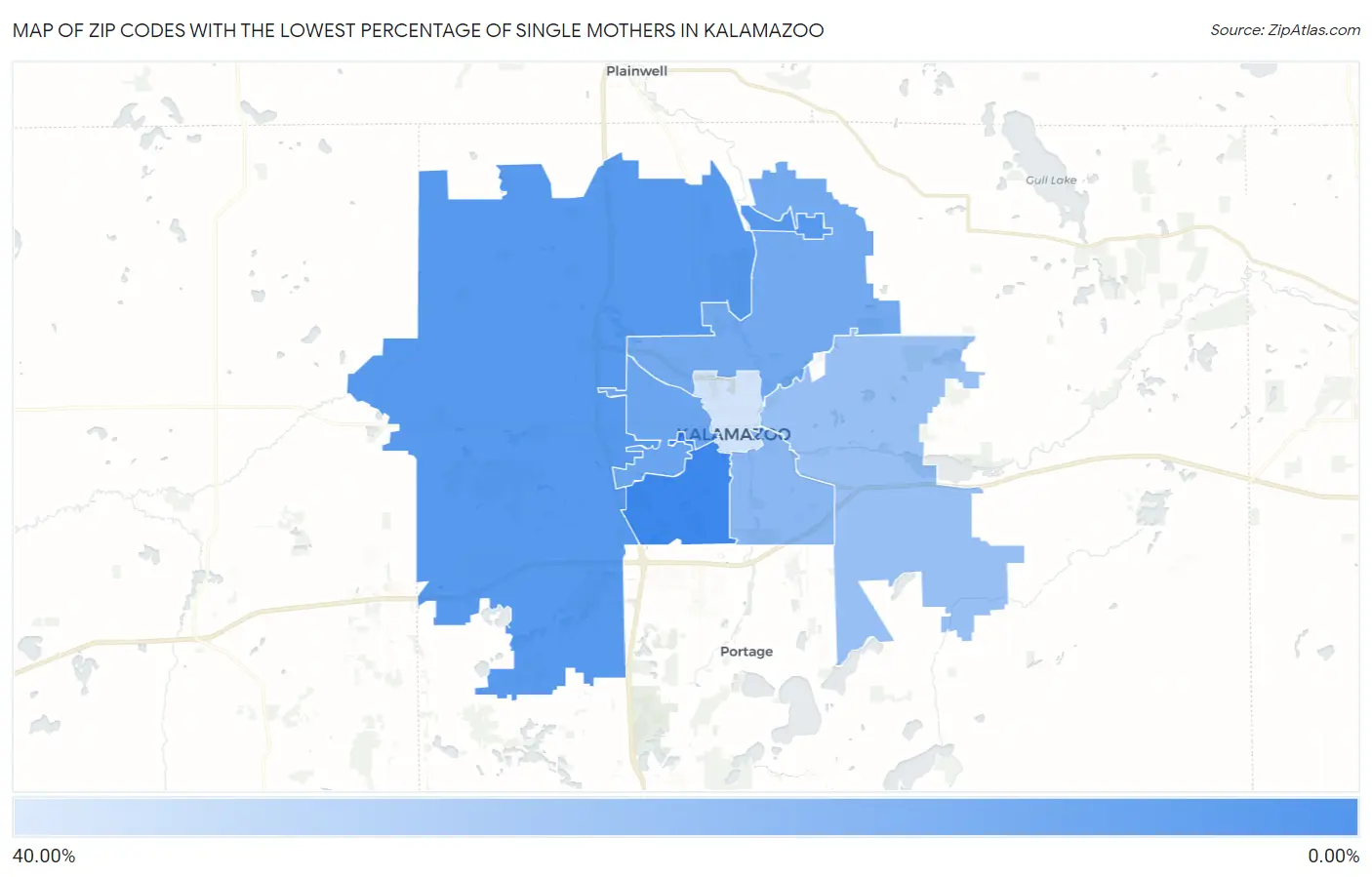 Zip Codes with the Lowest Percentage of Single Mothers in Kalamazoo Map