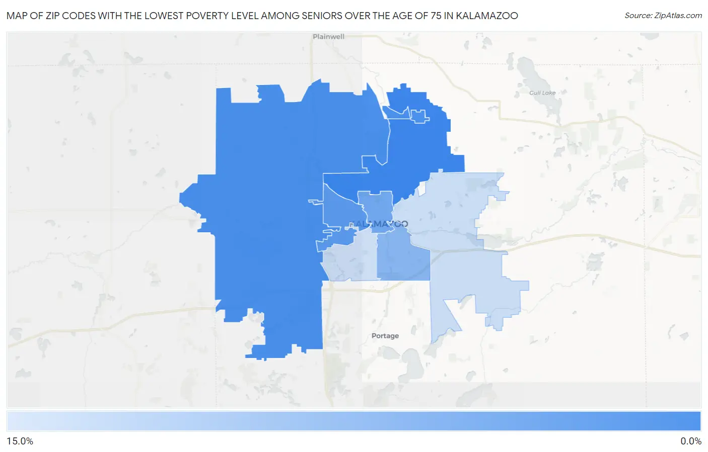 Zip Codes with the Lowest Poverty Level Among Seniors Over the Age of 75 in Kalamazoo Map
