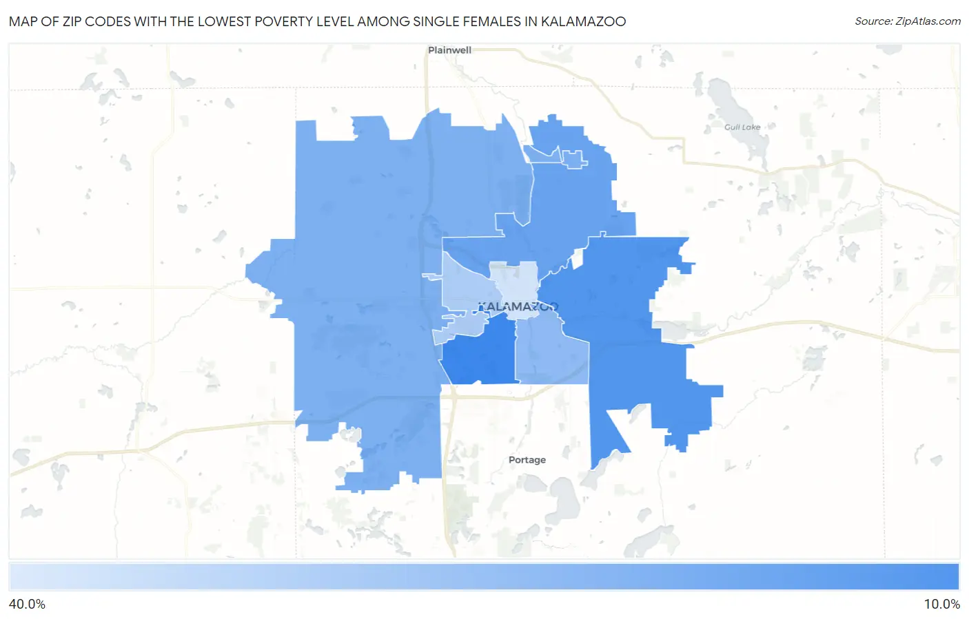 Zip Codes with the Lowest Poverty Level Among Single Females in Kalamazoo Map