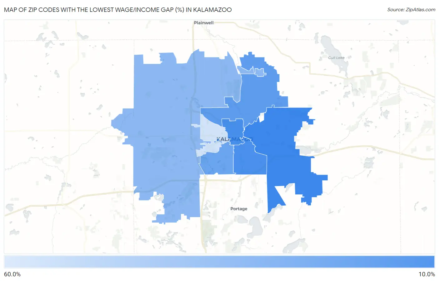 Zip Codes with the Lowest Wage/Income Gap (%) in Kalamazoo Map