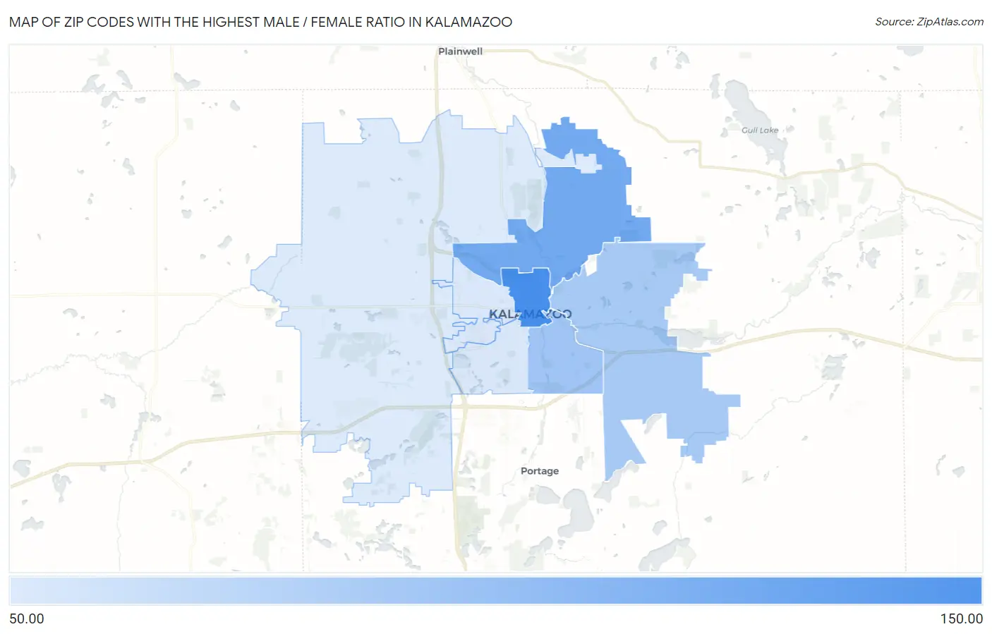 Zip Codes with the Highest Male / Female Ratio in Kalamazoo Map
