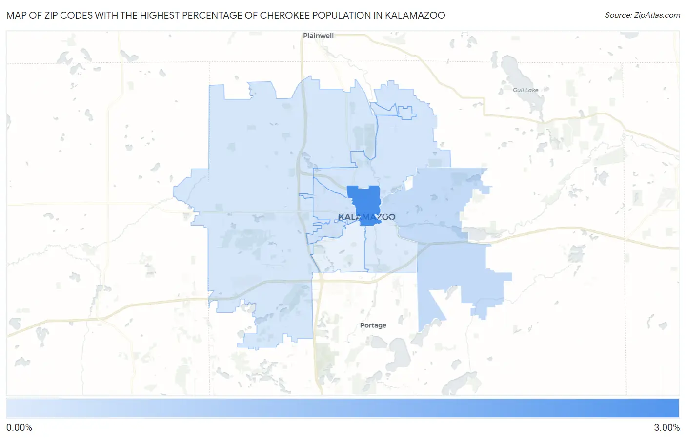 Zip Codes with the Highest Percentage of Cherokee Population in Kalamazoo Map