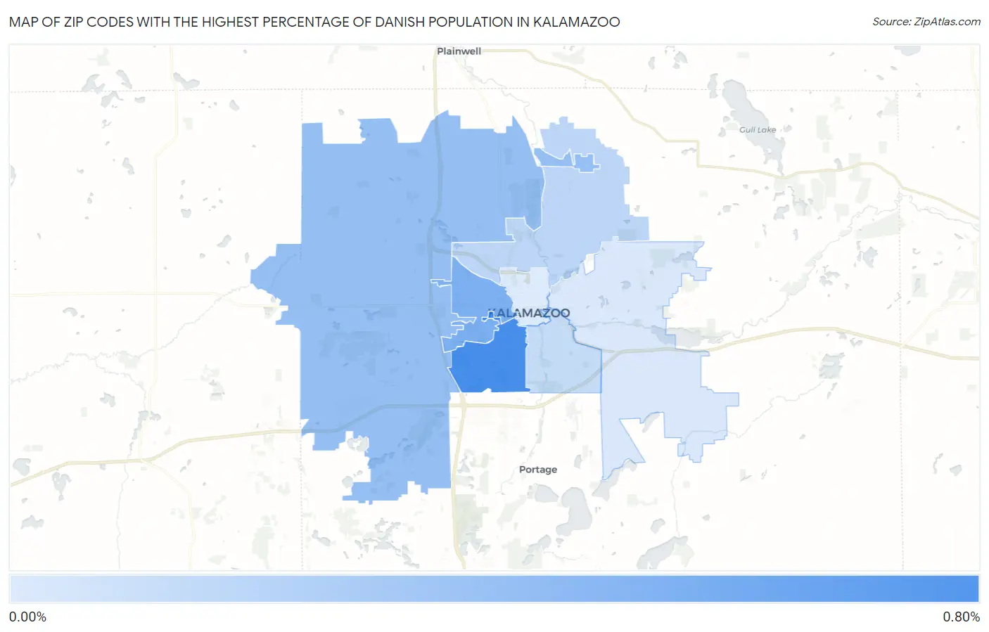 Zip Codes with the Highest Percentage of Danish Population in Kalamazoo Map