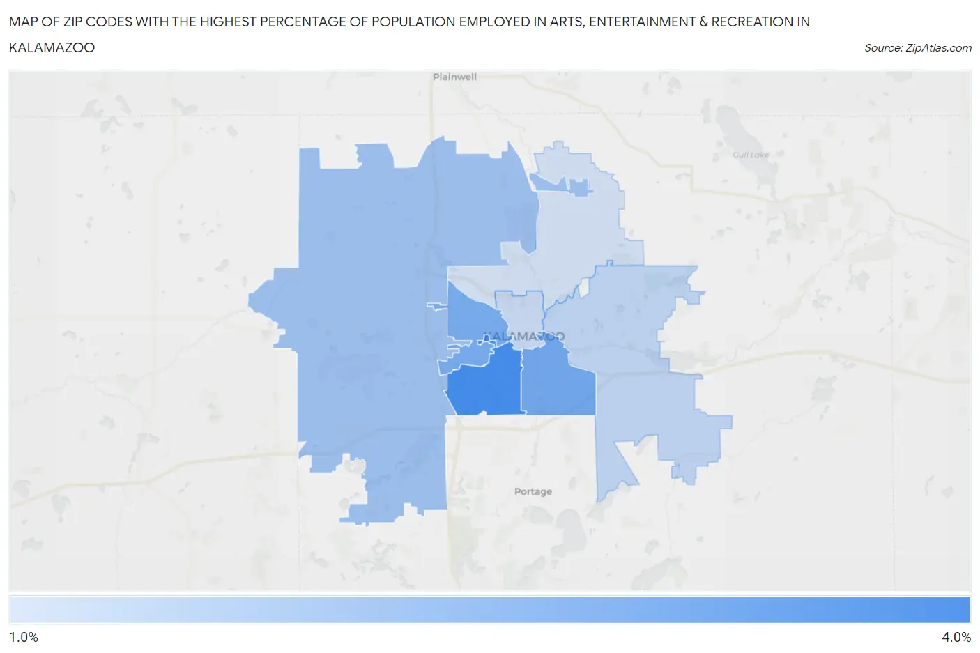 Zip Codes with the Highest Percentage of Population Employed in Arts, Entertainment & Recreation in Kalamazoo Map