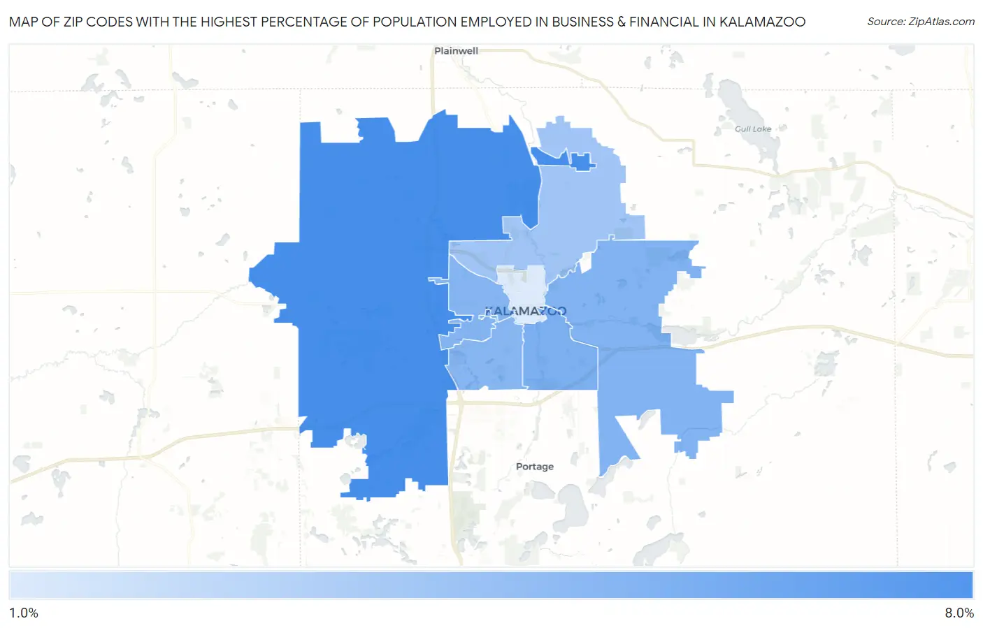 Zip Codes with the Highest Percentage of Population Employed in Business & Financial in Kalamazoo Map