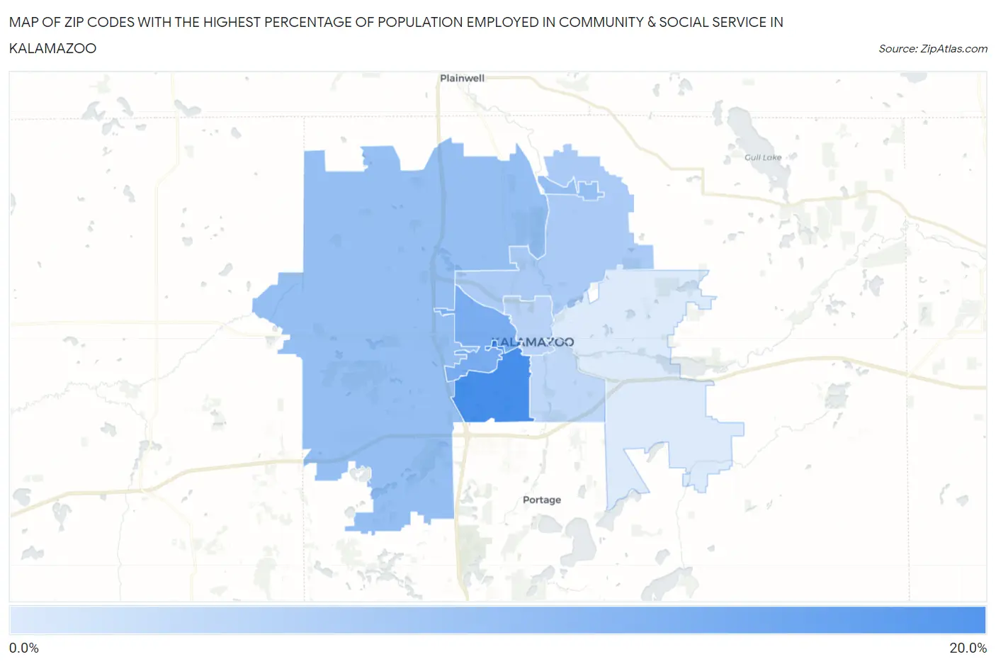 Zip Codes with the Highest Percentage of Population Employed in Community & Social Service  in Kalamazoo Map