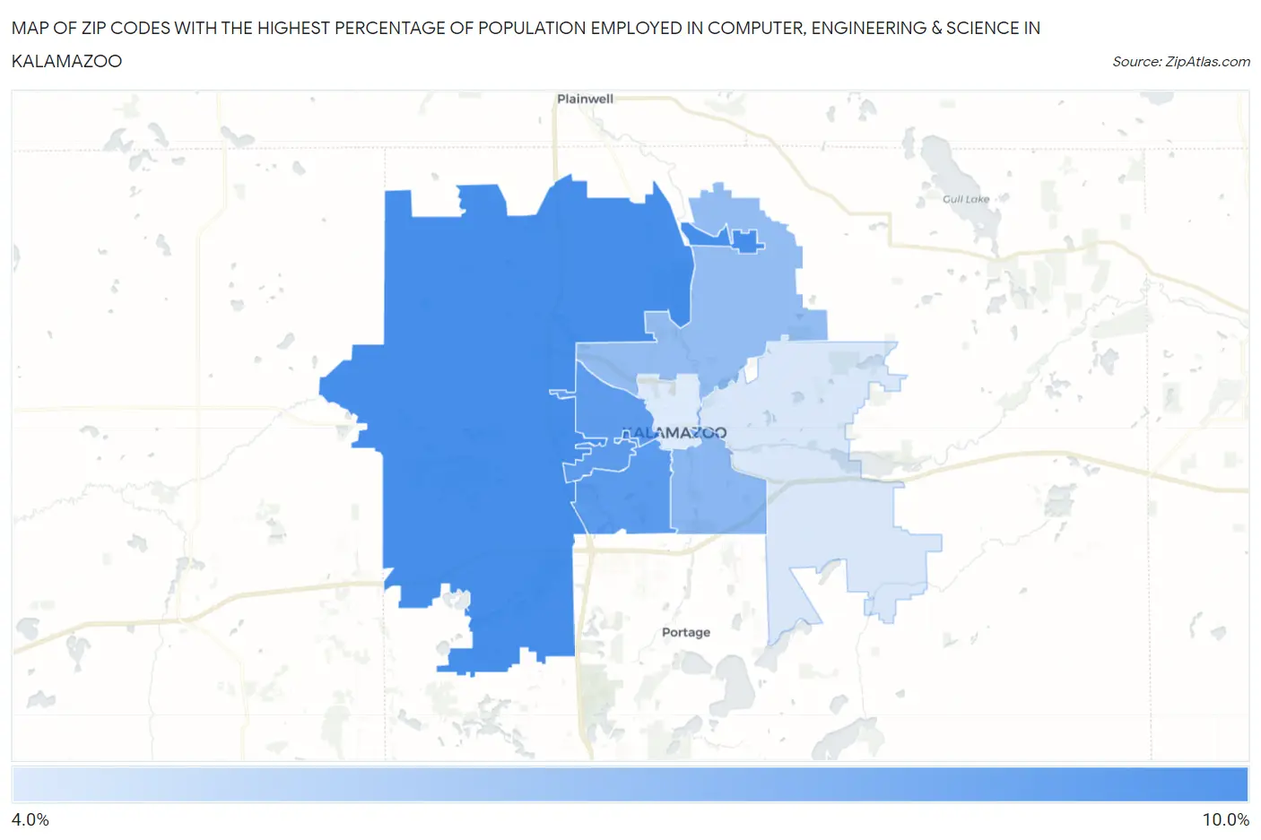 Zip Codes with the Highest Percentage of Population Employed in Computer, Engineering & Science in Kalamazoo Map