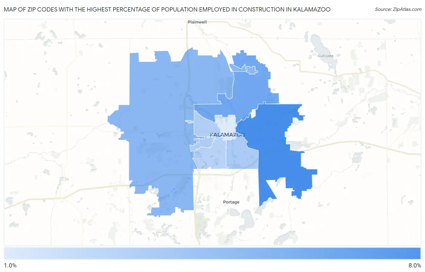 Zip Codes with the Highest Percentage of Population Employed in Construction in Kalamazoo Map