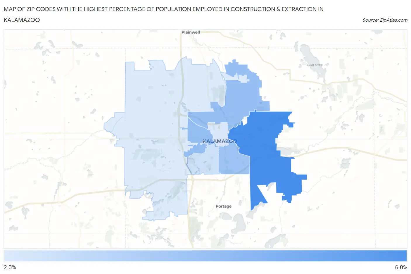 Zip Codes with the Highest Percentage of Population Employed in Construction & Extraction in Kalamazoo Map