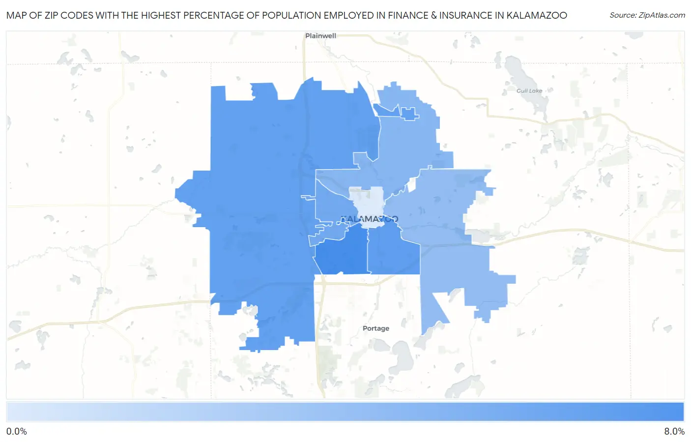 Zip Codes with the Highest Percentage of Population Employed in Finance & Insurance in Kalamazoo Map
