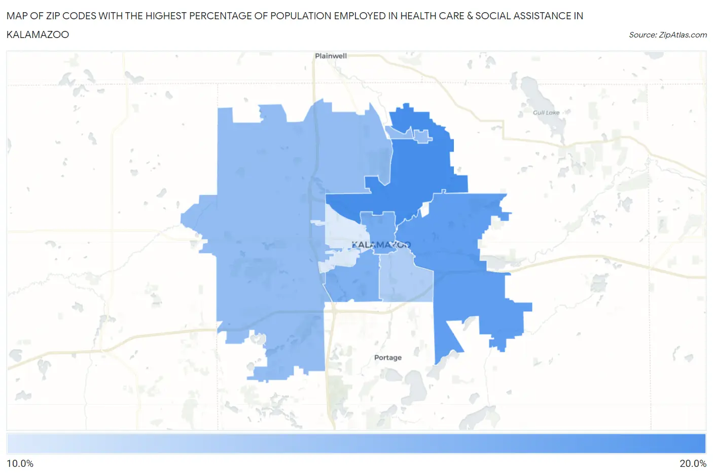 Zip Codes with the Highest Percentage of Population Employed in Health Care & Social Assistance in Kalamazoo Map