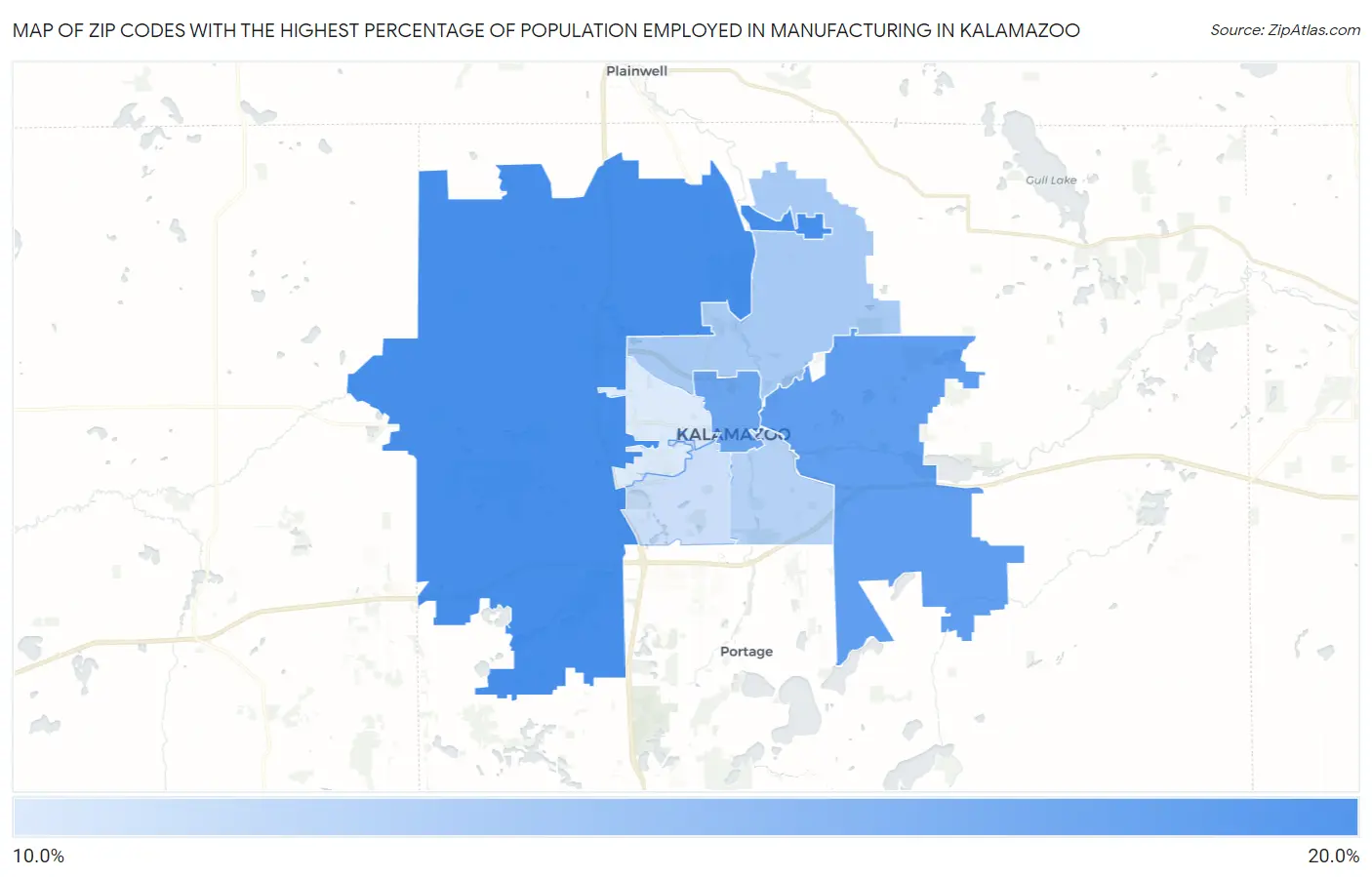 Zip Codes with the Highest Percentage of Population Employed in Manufacturing in Kalamazoo Map