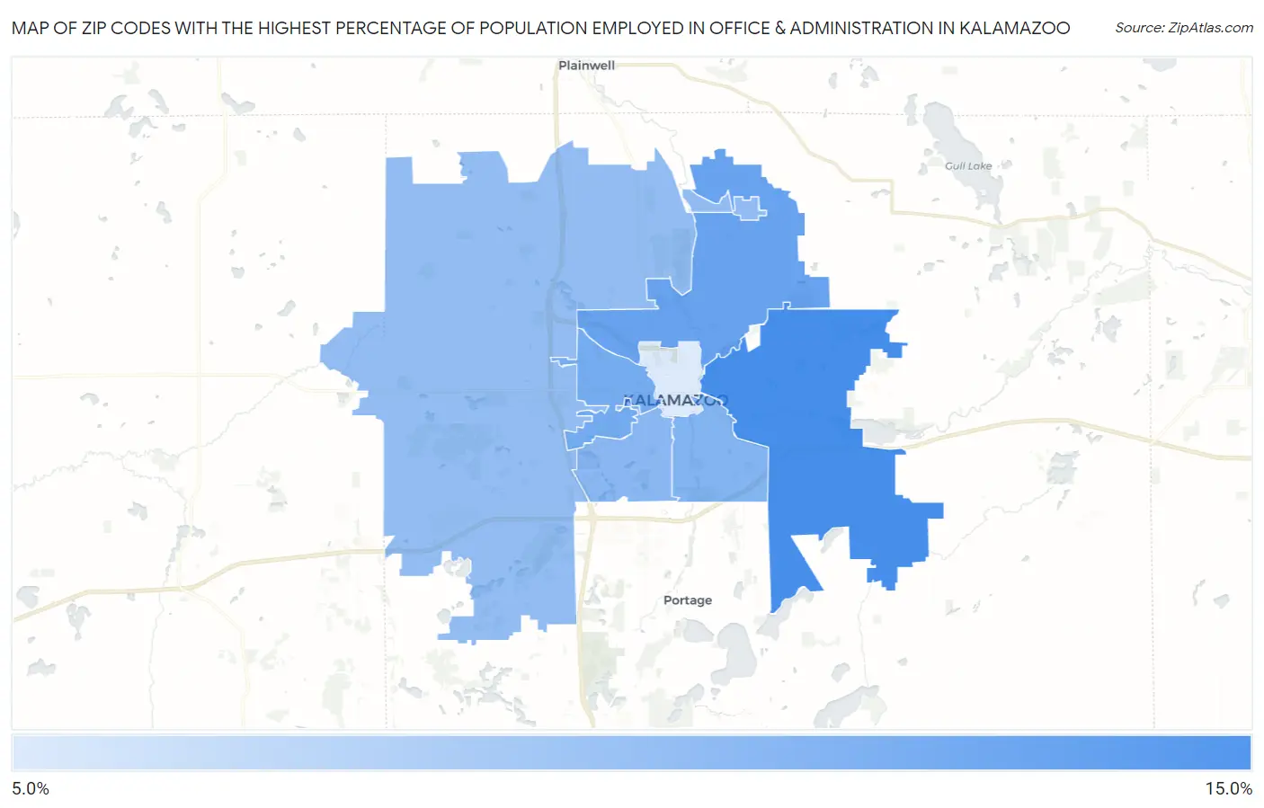 Zip Codes with the Highest Percentage of Population Employed in Office & Administration in Kalamazoo Map