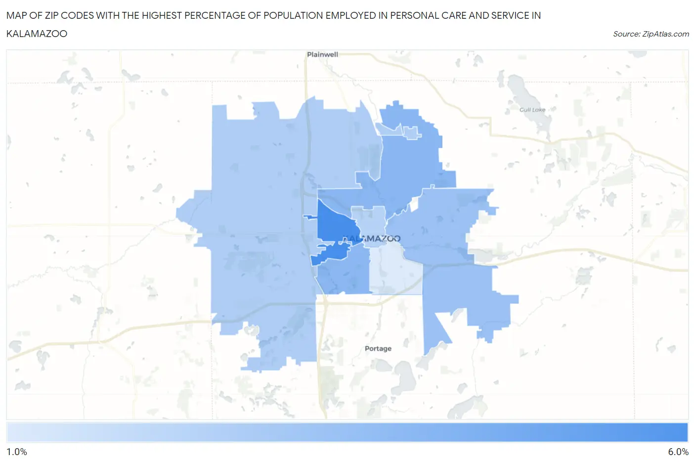 Zip Codes with the Highest Percentage of Population Employed in Personal Care and Service in Kalamazoo Map