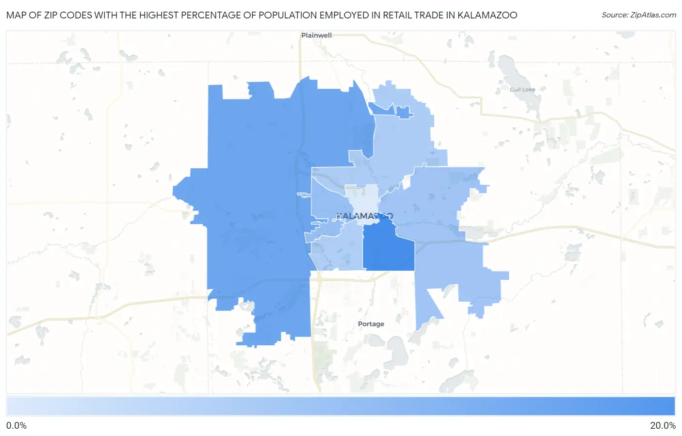 Zip Codes with the Highest Percentage of Population Employed in Retail Trade in Kalamazoo Map