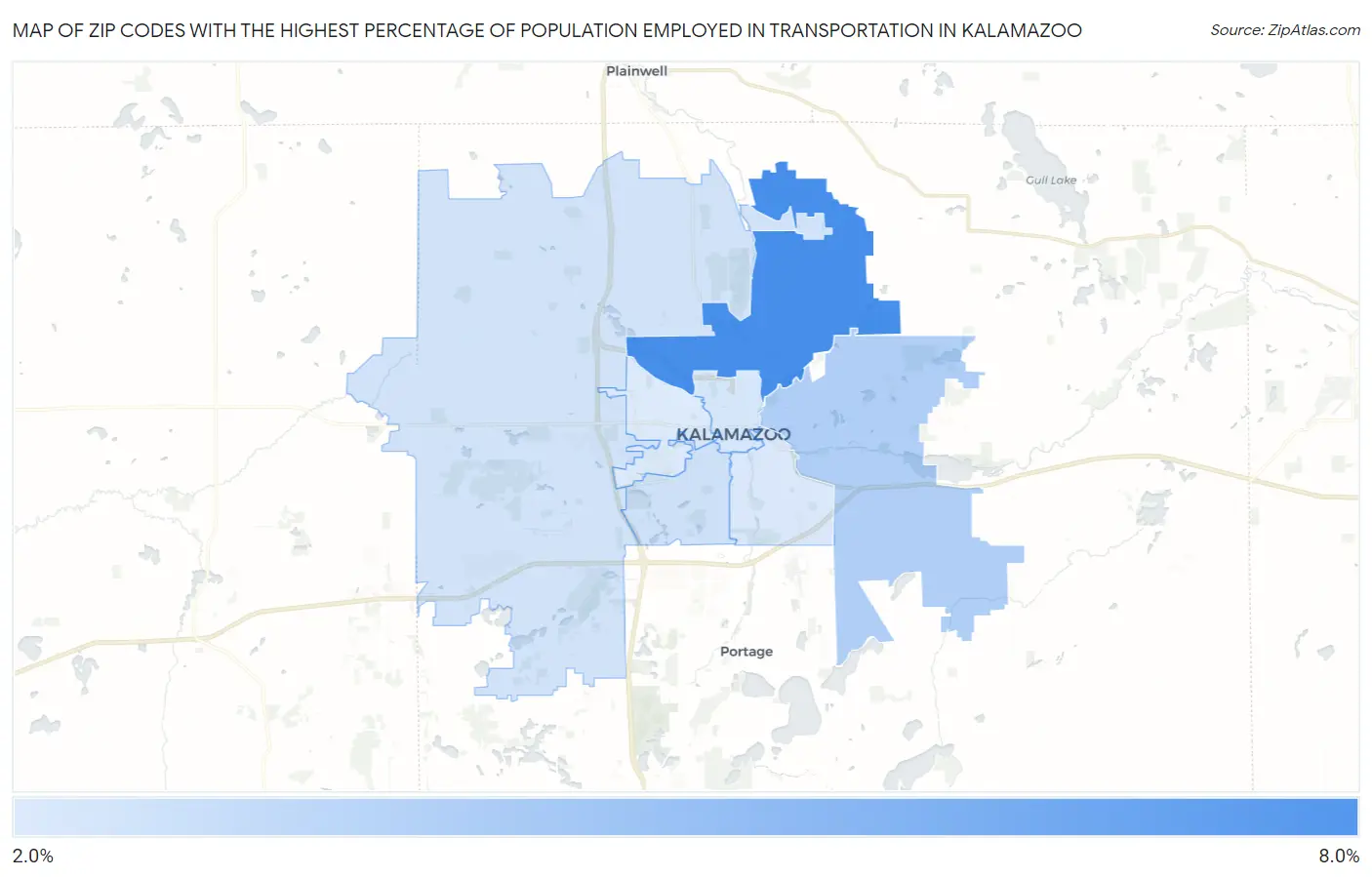 Zip Codes with the Highest Percentage of Population Employed in Transportation in Kalamazoo Map