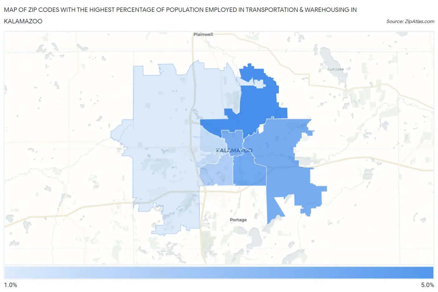 Zip Codes with the Highest Percentage of Population Employed in Transportation & Warehousing in Kalamazoo Map