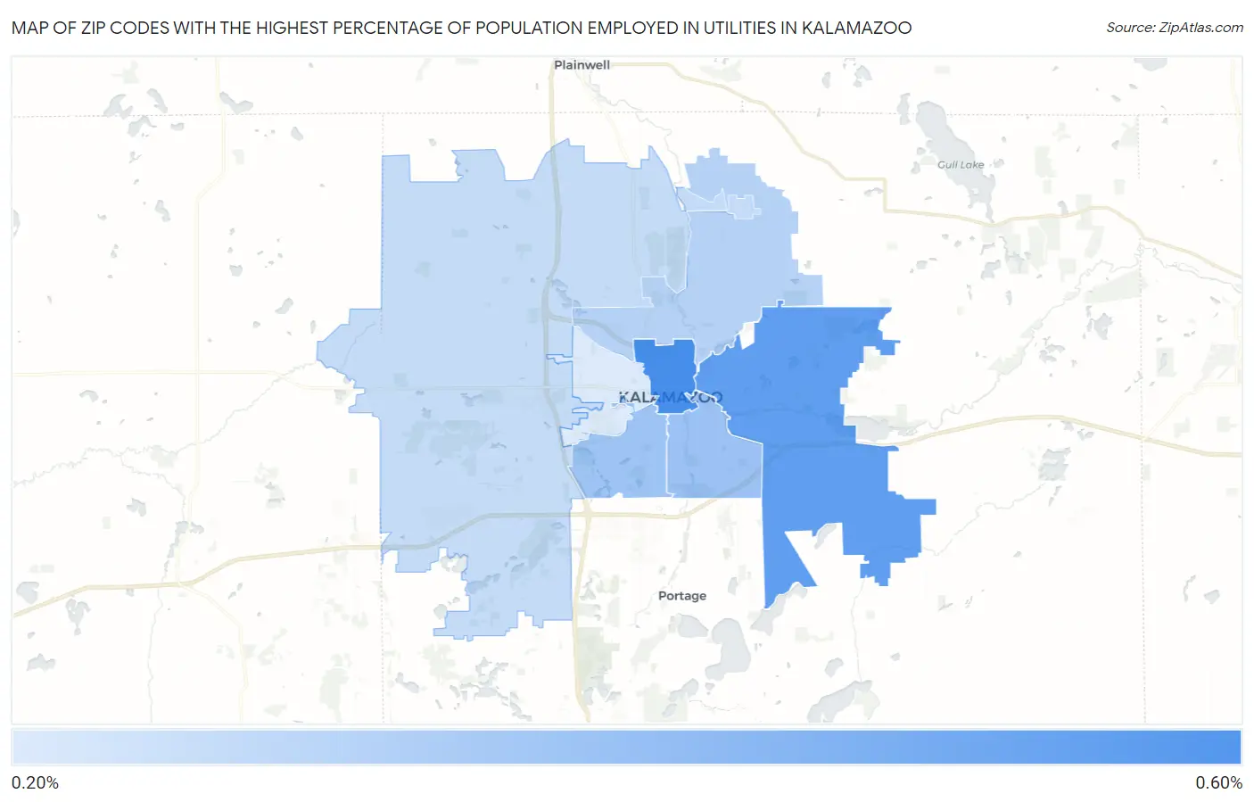 Zip Codes with the Highest Percentage of Population Employed in Utilities in Kalamazoo Map