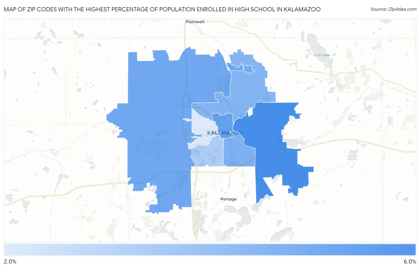 Zip Codes with the Highest Percentage of Population Enrolled in High School in Kalamazoo Map