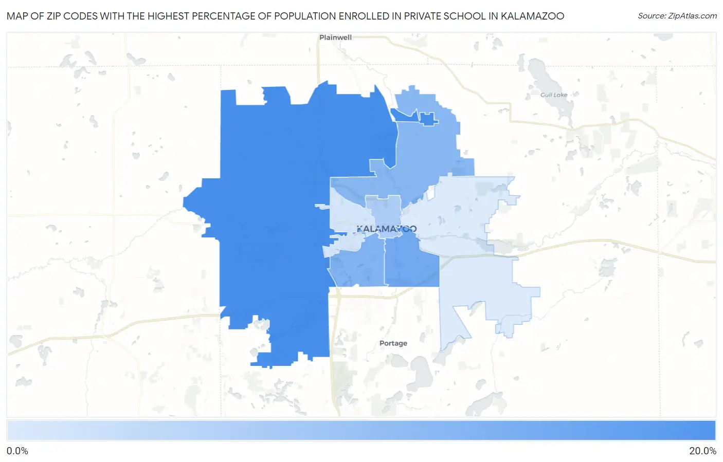 Zip Codes with the Highest Percentage of Population Enrolled in Private School in Kalamazoo Map