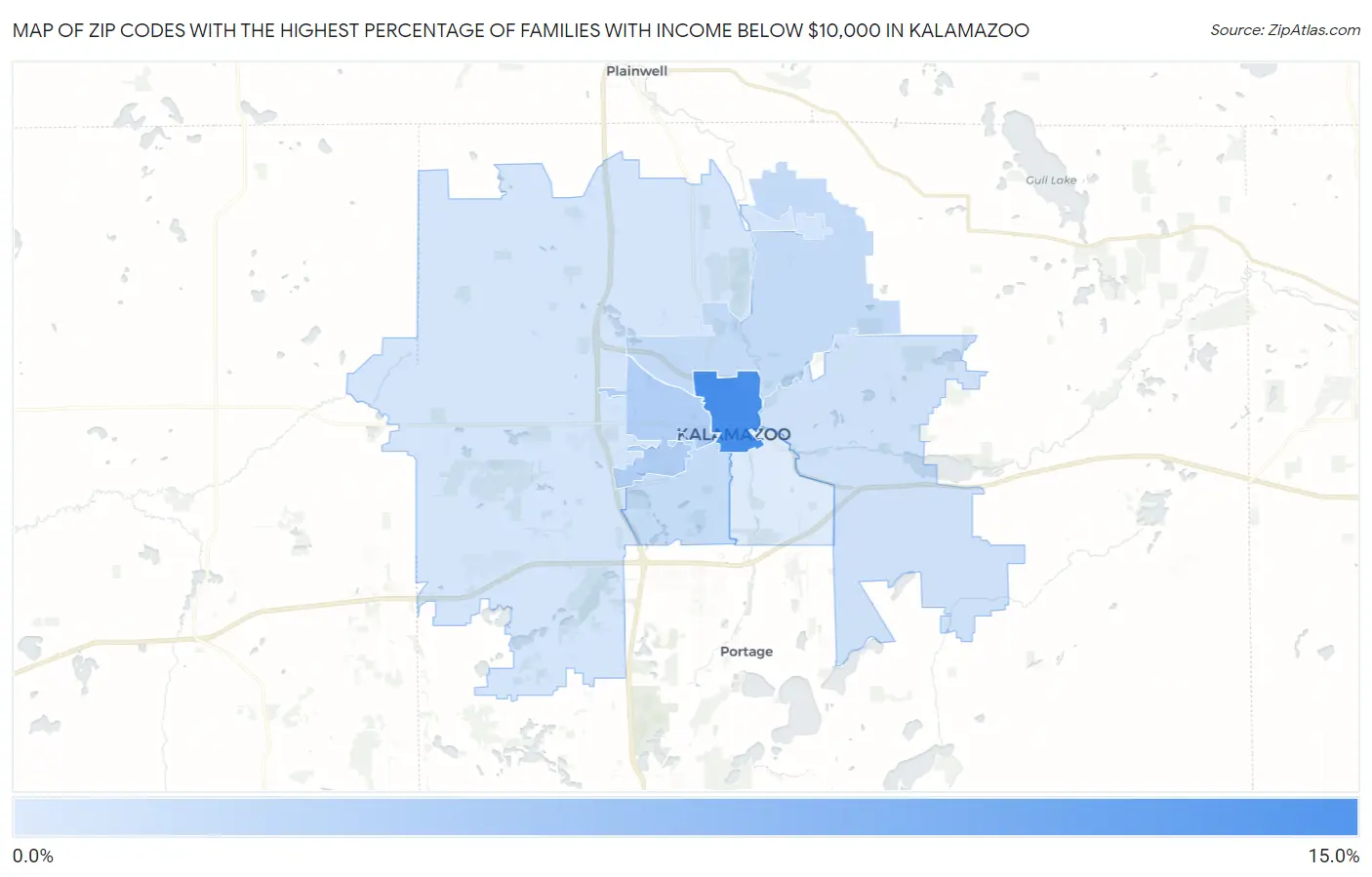 Zip Codes with the Highest Percentage of Families with Income Below $10,000 in Kalamazoo Map