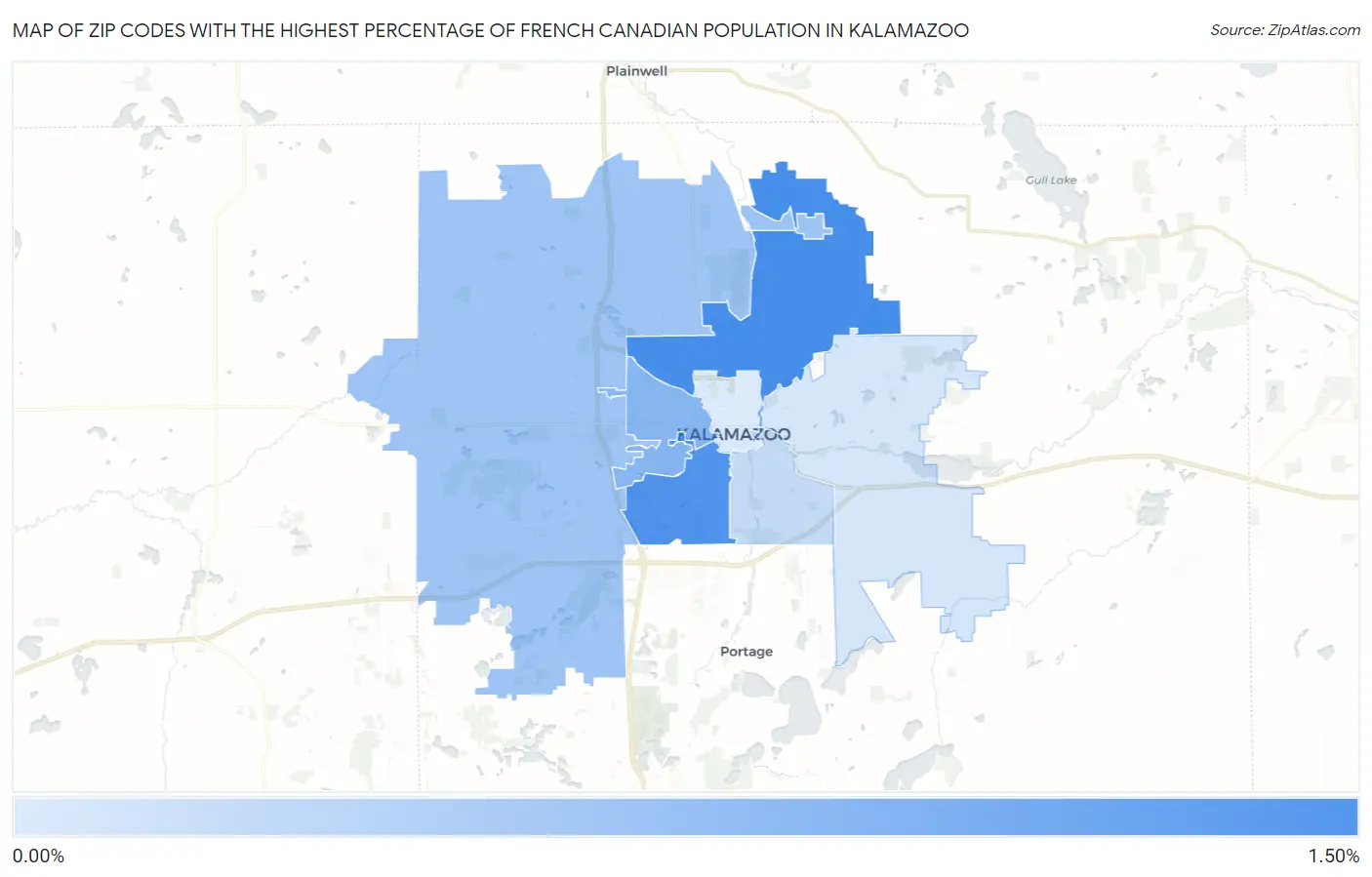 Zip Codes with the Highest Percentage of French Canadian Population in Kalamazoo Map