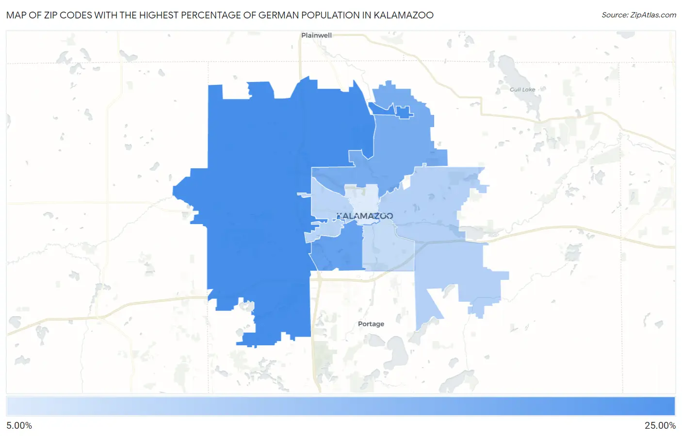 Zip Codes with the Highest Percentage of German Population in Kalamazoo Map