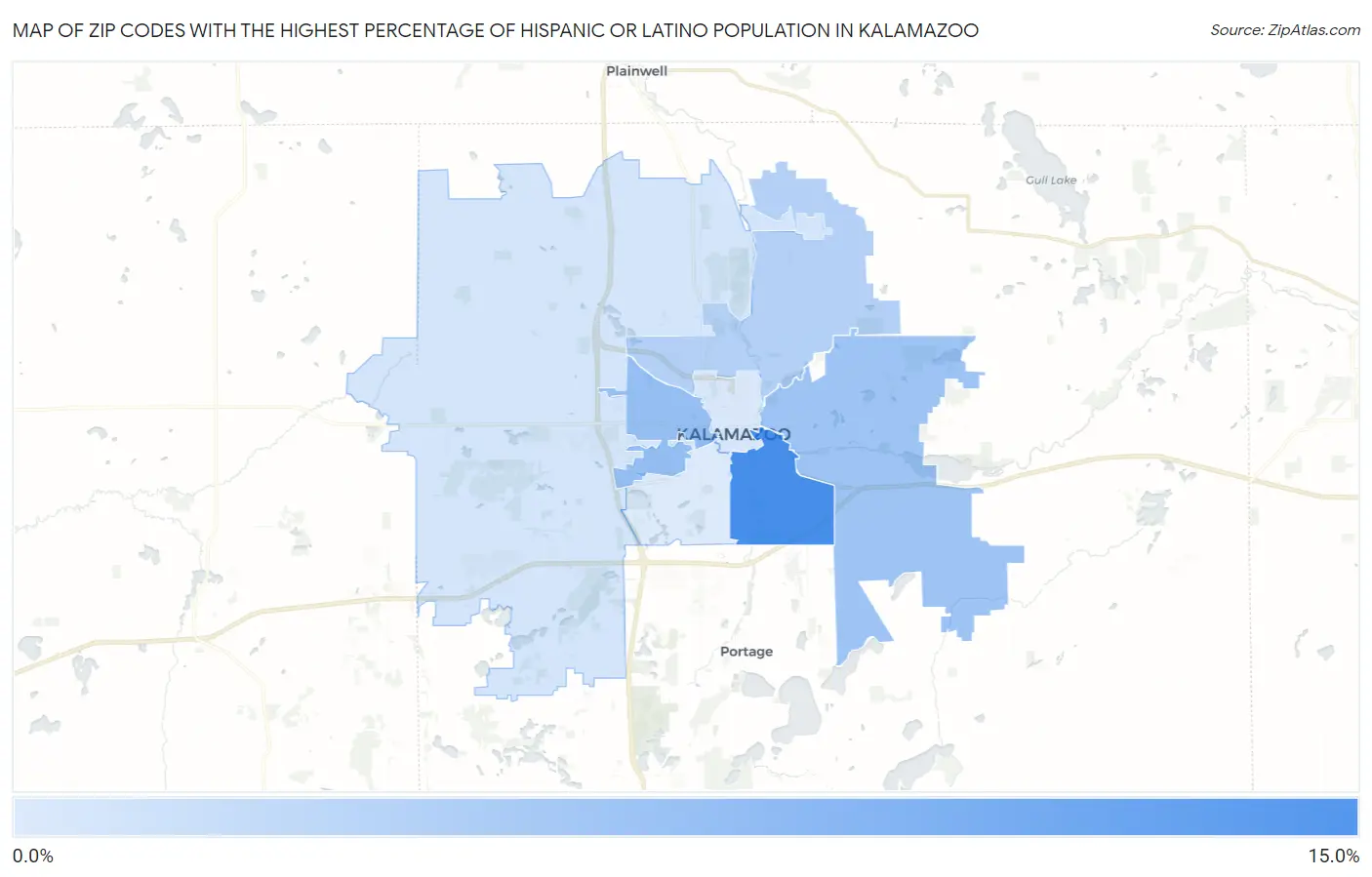 Zip Codes with the Highest Percentage of Hispanic or Latino Population in Kalamazoo Map