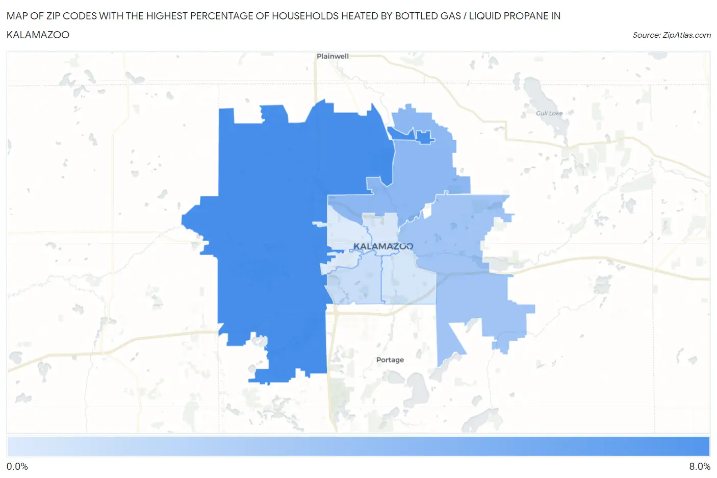 Zip Codes with the Highest Percentage of Households Heated by Bottled Gas / Liquid Propane in Kalamazoo Map