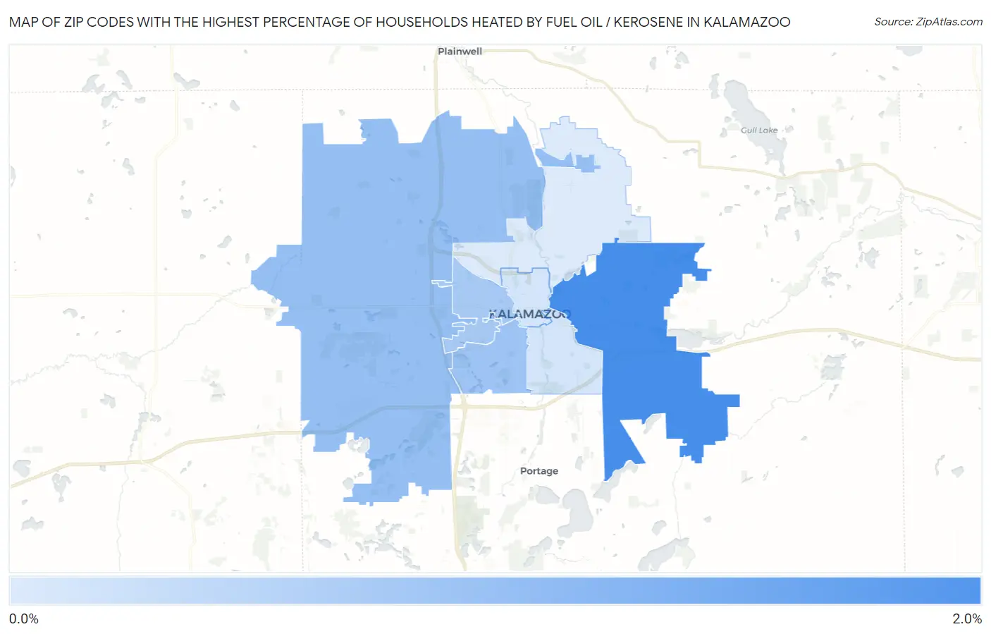 Zip Codes with the Highest Percentage of Households Heated by Fuel Oil / Kerosene in Kalamazoo Map