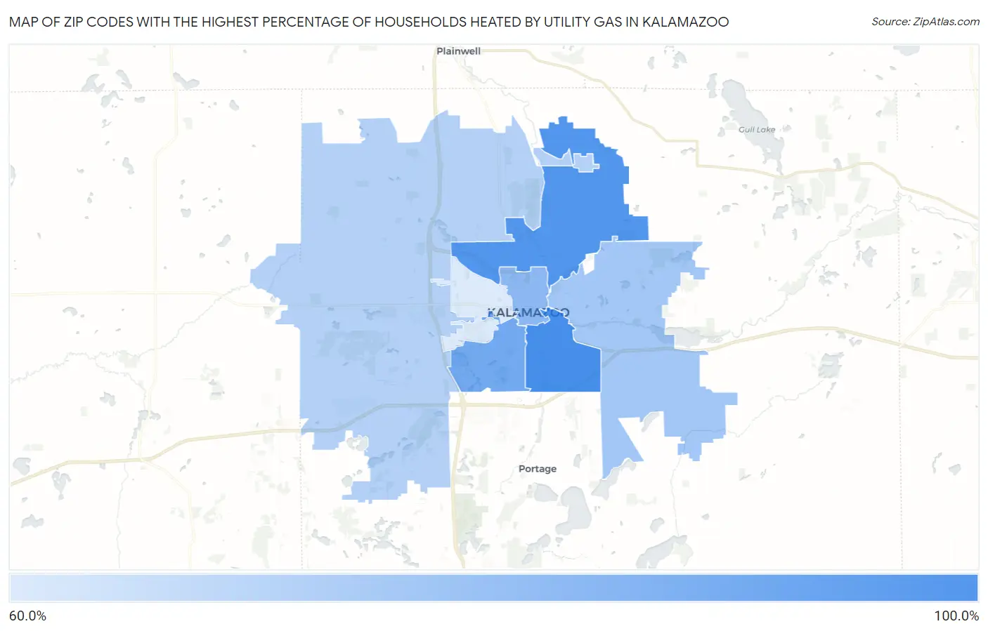 Zip Codes with the Highest Percentage of Households Heated by Utility Gas in Kalamazoo Map