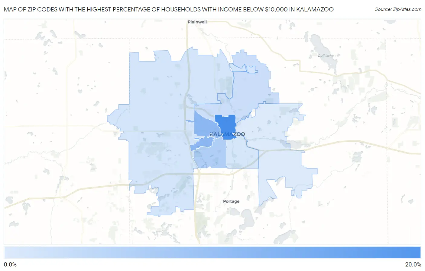 Zip Codes with the Highest Percentage of Households with Income Below $10,000 in Kalamazoo Map