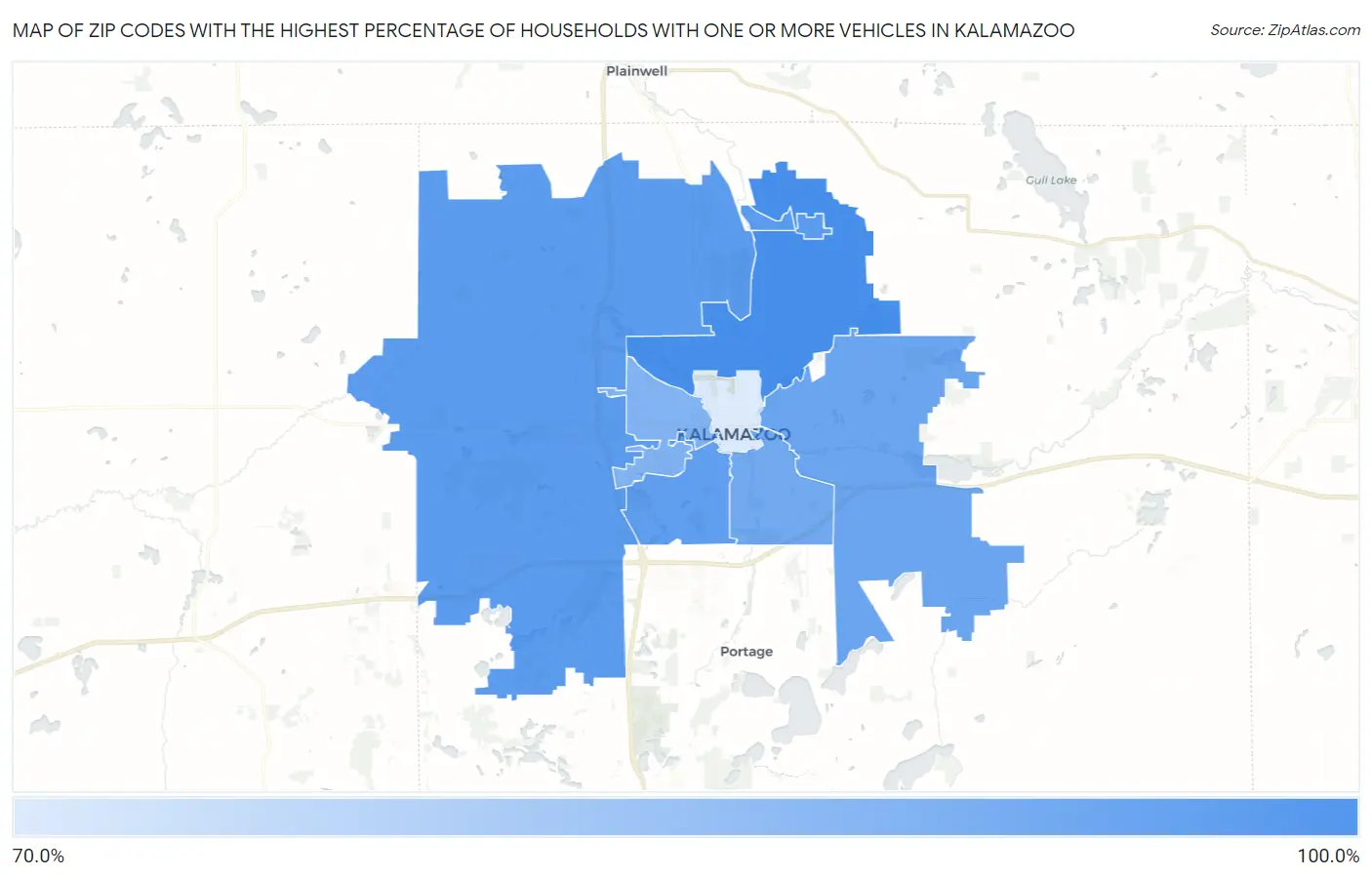 Zip Codes with the Highest Percentage of Households With One or more Vehicles in Kalamazoo Map
