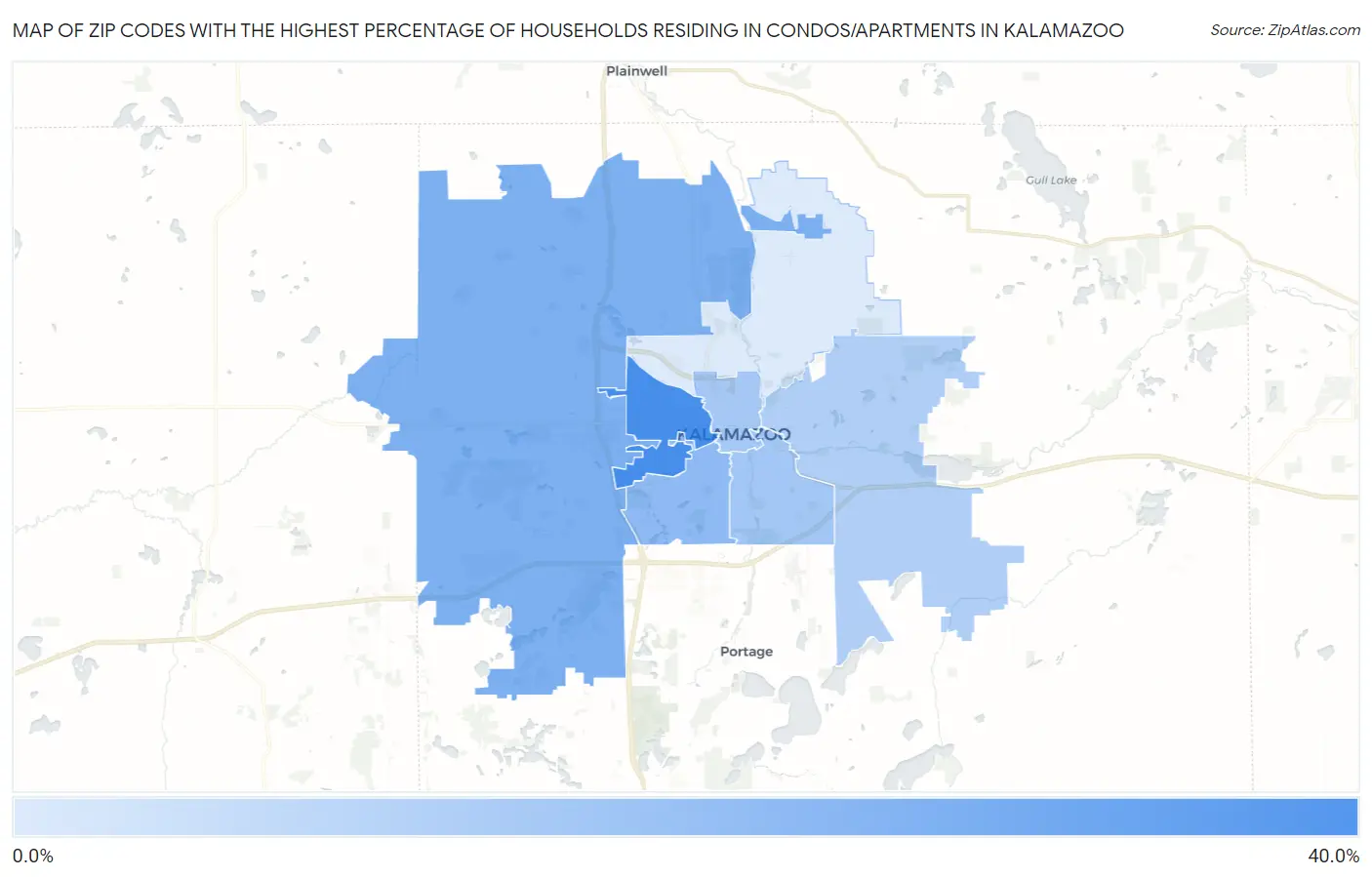 Zip Codes with the Highest Percentage of Households Residing in Condos/Apartments in Kalamazoo Map